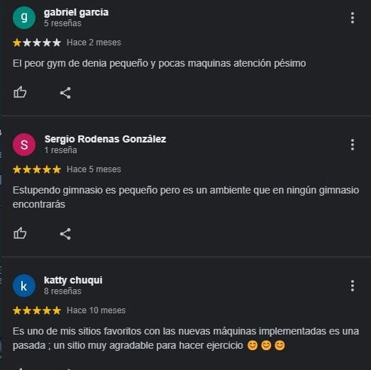 reseña con una opinion sobre gym denia